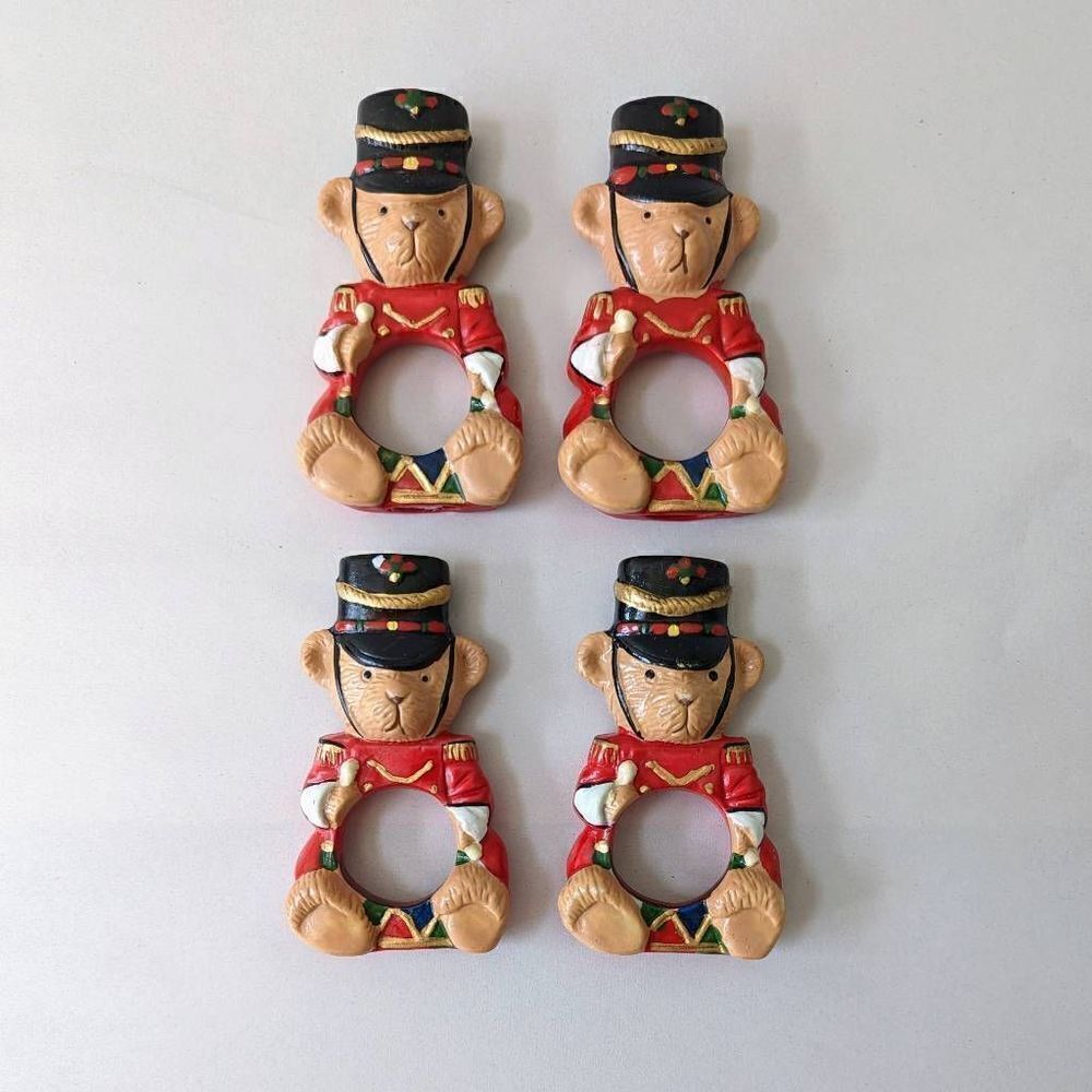 Vintage Ceramic Crafts Teddy Bear Drum Band Napkin Rings Multicolor Size 4.25"
